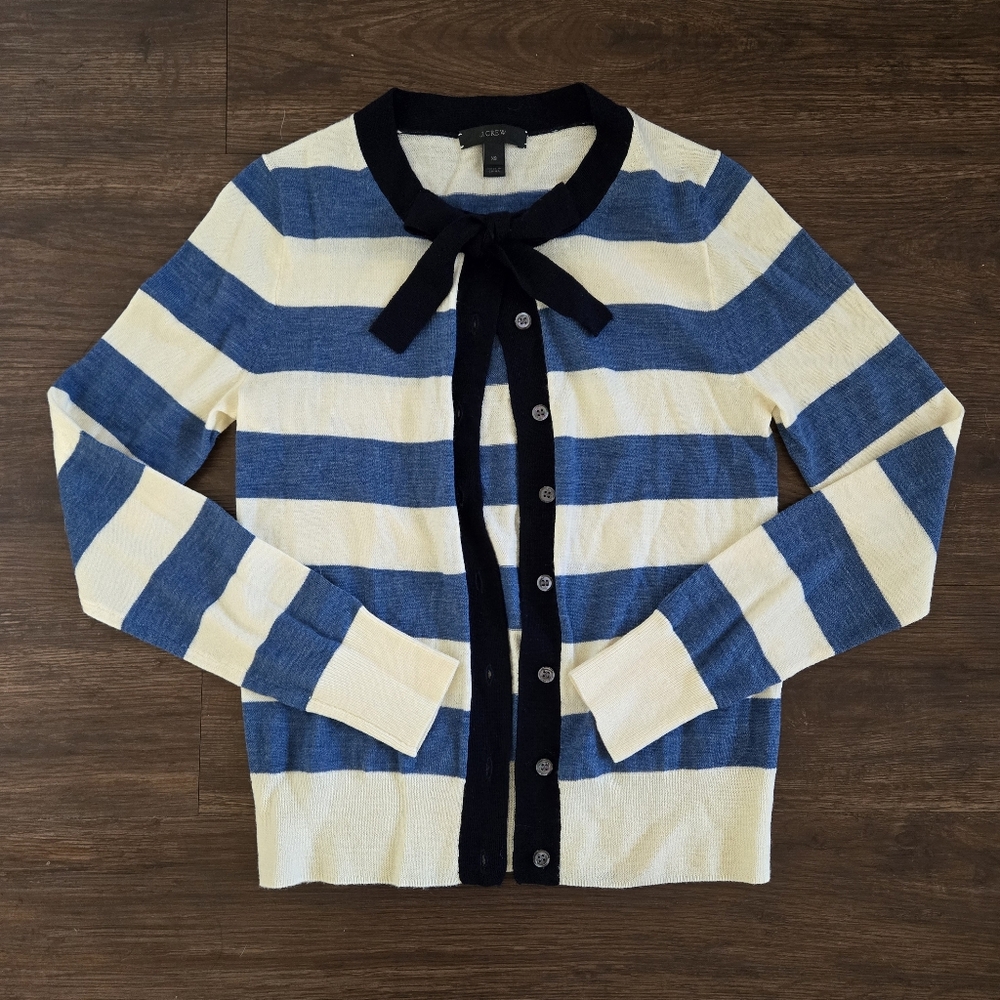 J. Crew Striped Tie Neck 100% Merino Wool Jackie Cardigan